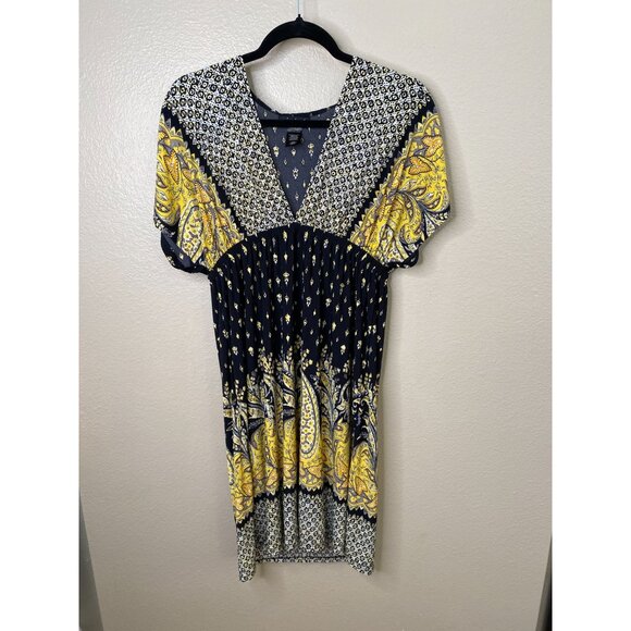 Joei & I Womens V-Neck Short Sleeve Printed Black Yellow Midi Dress M Polyester - Picture 2 of 6